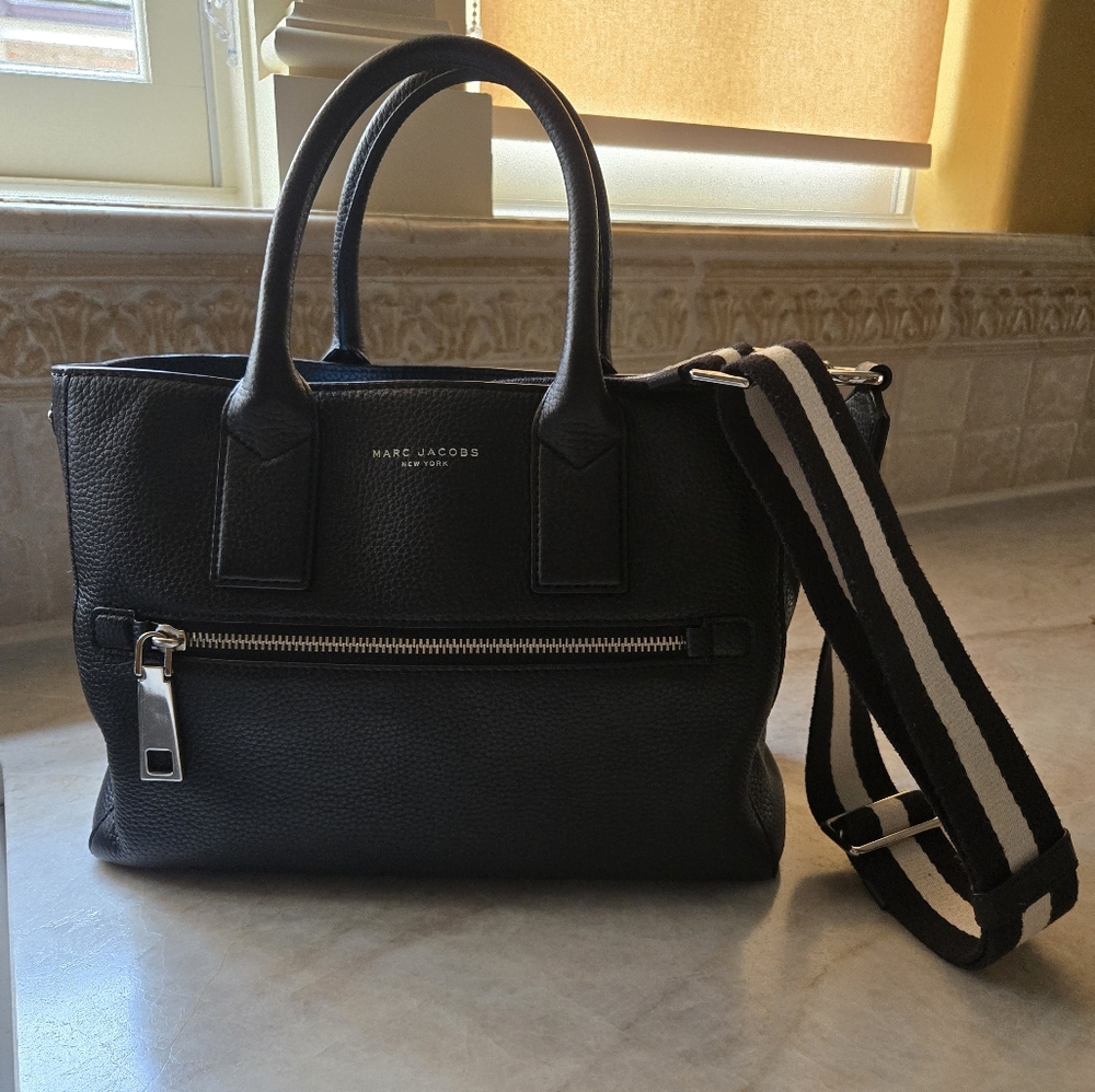 Marc Jacobs Black Leather Tote with Striped Cross Body Strap
